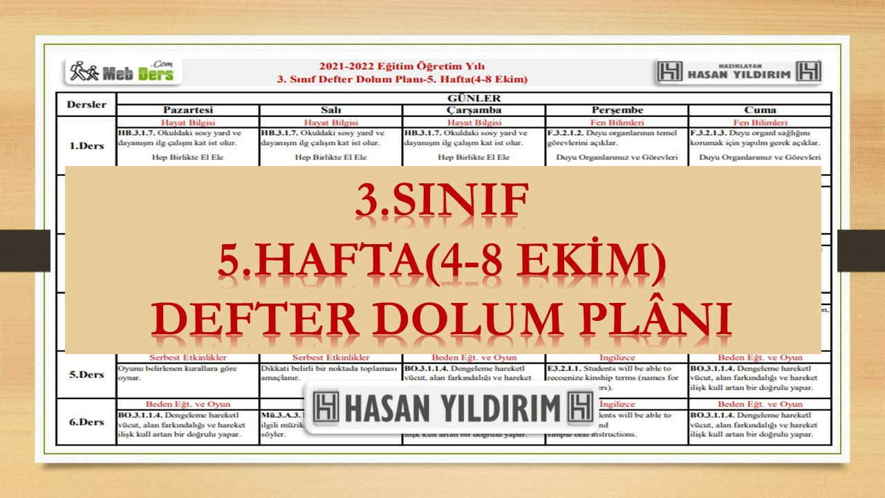 3.Sınıf 5.Hafta(4-8 Ekim) Defter Dolum Planı