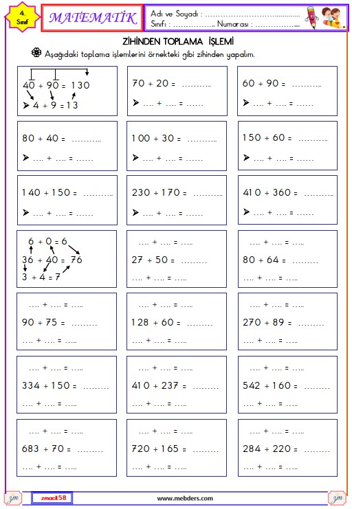 4. Sınıf Matematik Zihinden Toplama İşlemi Etkinliği