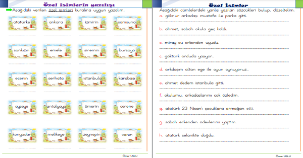 1.Sınıf Türkçe Özel İsimler ve Yazılışları Etkinliği 2
