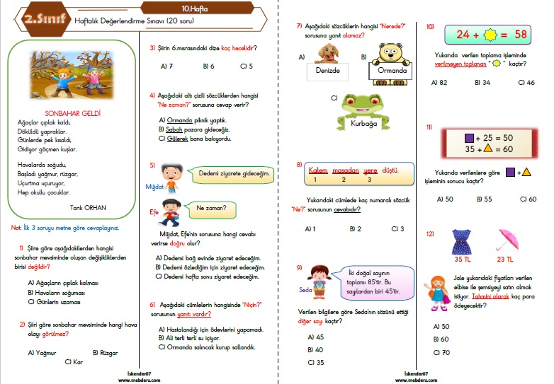 2.Sınıf Haftalık Değerlendirme Testi - 10.Hafta (21-25 Kasım)