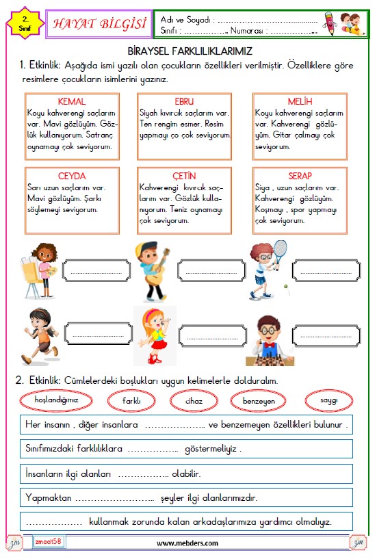 2. Sınıf Hayat Bilgisi Bireysel Farklılıklarımız Etkinliği