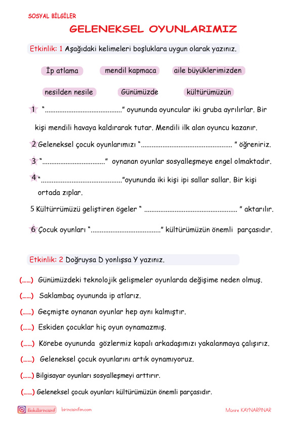 4. Sınıf Sosyal Bilgiler Geleneksel Çocuk Oyunları Etkinlikleri