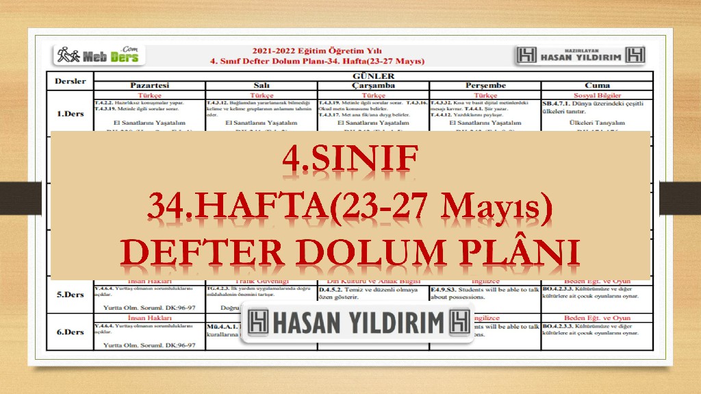 4.Sınıf 34.Hafta(23-27 Mayıs) Defter Dolum Planı