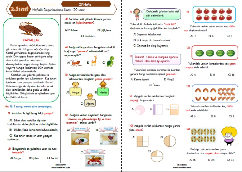 2.Sınıf Haftalık Değerlendirme Testi - 27.Hafta (28 Mart-01 Nisan)