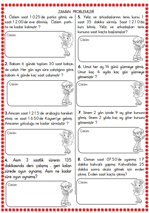 3. Sınıf Matematik Zaman Problemleri Etkinliği 3