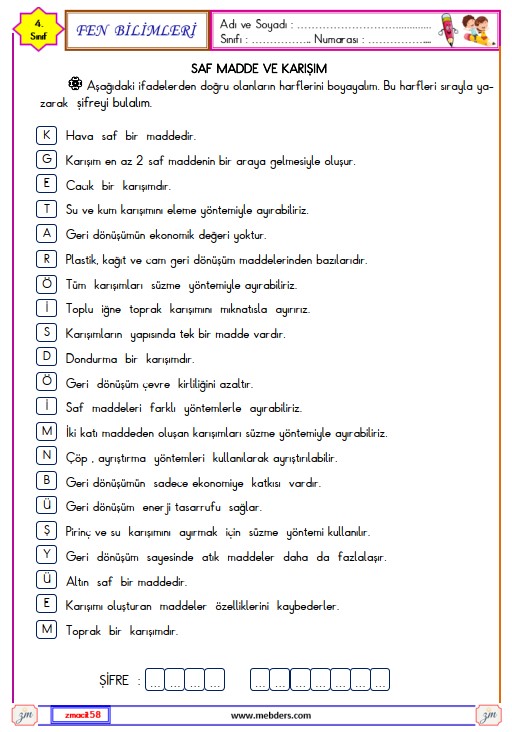 4. Sınıf Fen Bilimleri Saf Madde ve Karışım Etkinliği 4