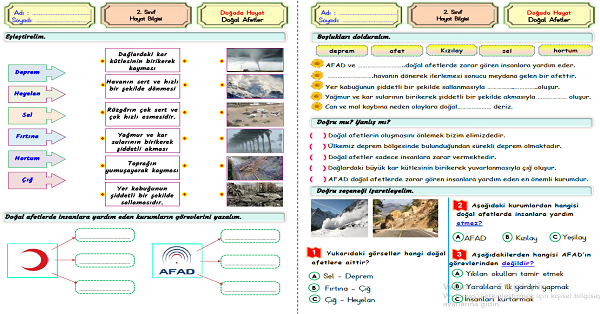 2.Sınıf Hayat Bilgisi Doğal Afetleri Tanıyalım Etkinliği