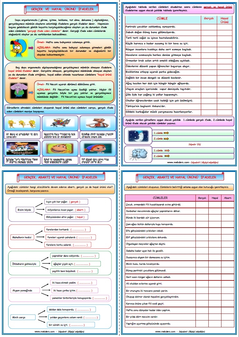 2.Sınıf Türkçe Hayal ve Gerçek Ürünü İfadeler Etkinlik Çalışması