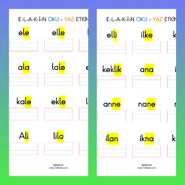 1. Sınıf İlkokuma Yazma - E-L-A-K-İ-N Sesleri Kelime Oku Yaz Etkinliği
