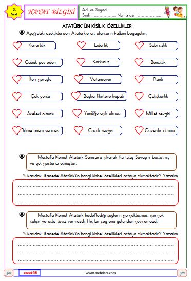 3. Sınıf Hayat Bilgisi Atatürk'ün Kişilik Özellikleri Etkinliği