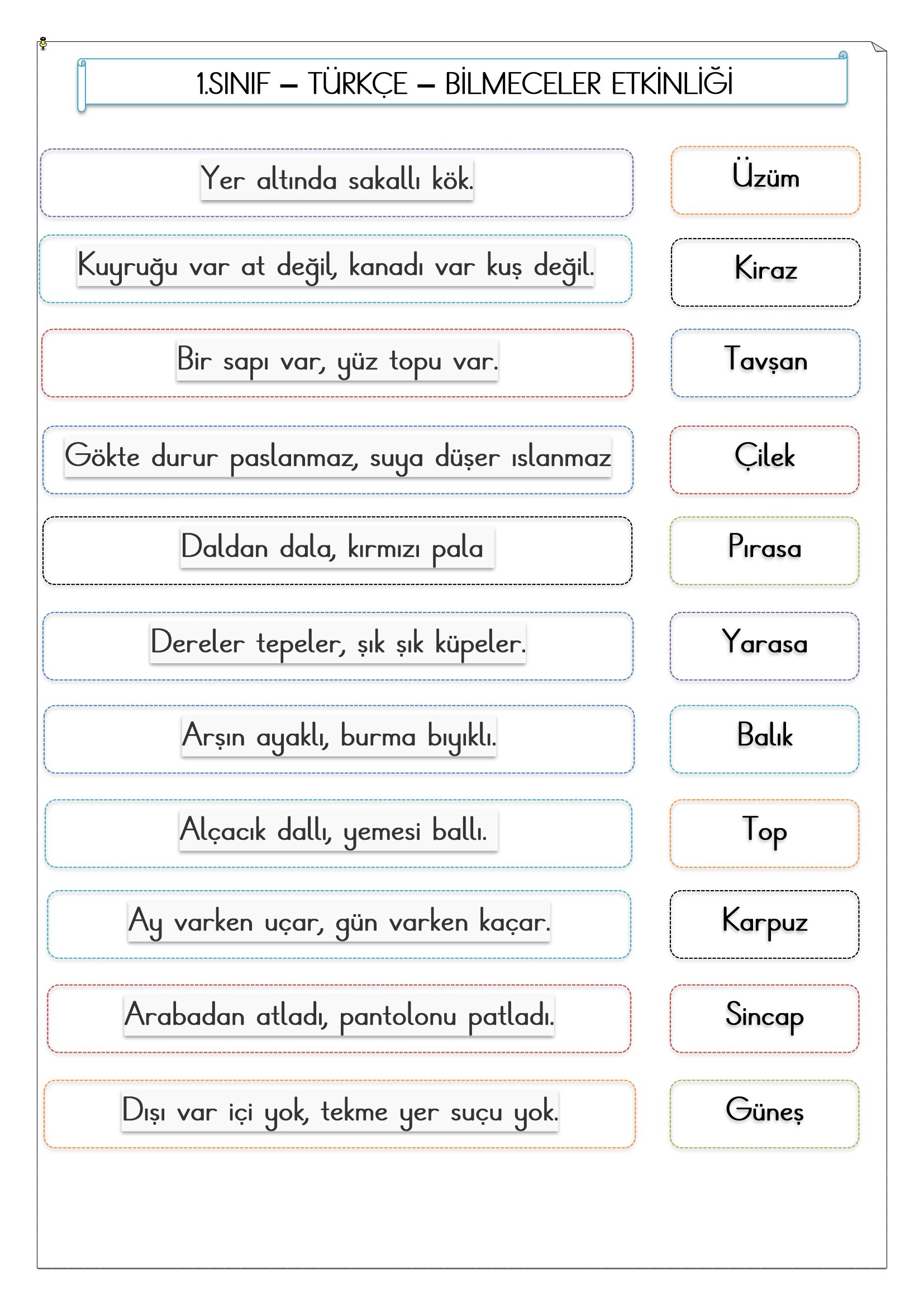 1.Sınıf - Türkçe - Bilmeceler Etkinliği-2