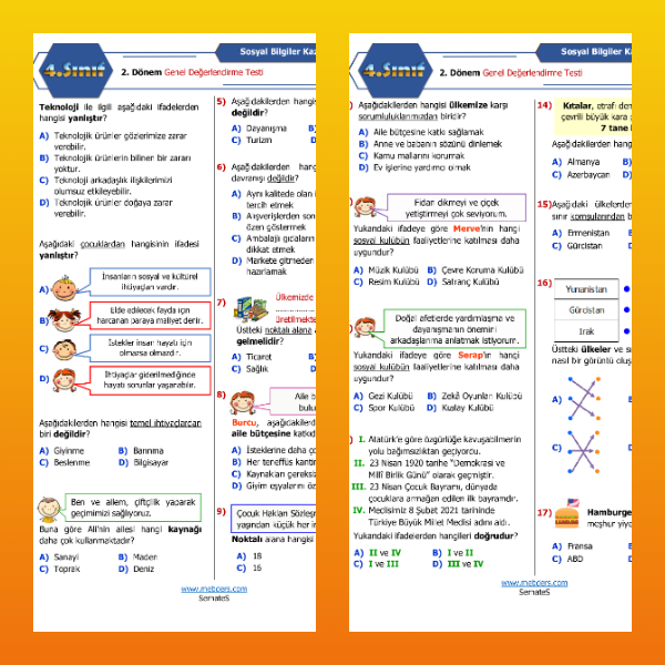4. Sınıf Sosyal Bilgiler - 2. Dönem Genel Değerlendirme Testi