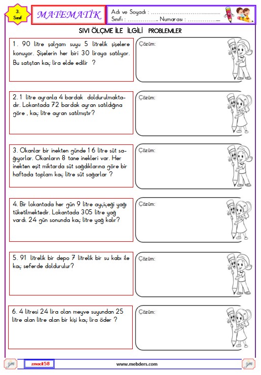 3. Sınıf Matematik Sıvı Ölçme ile İlgili Promlemler Etkinliği 4