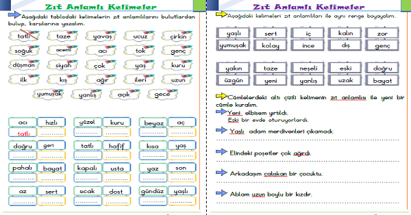1.Sınıf Türkçe Zıt Anlamlı Kelimeler-7