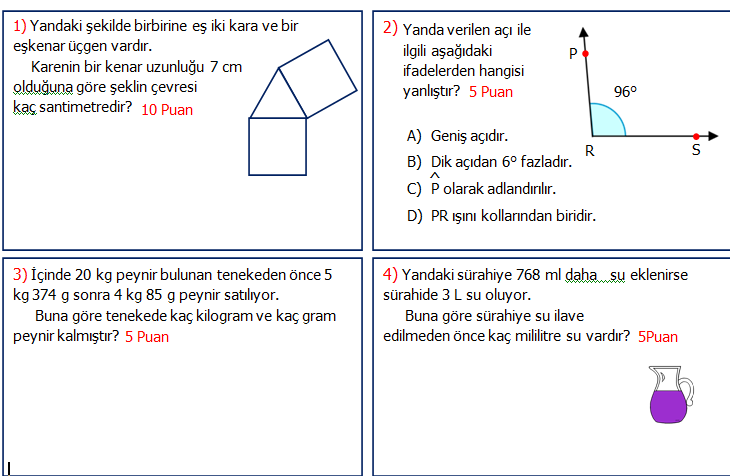 4.Sınıf Matematik 2.Dönem 2 Sınav Seviye 2