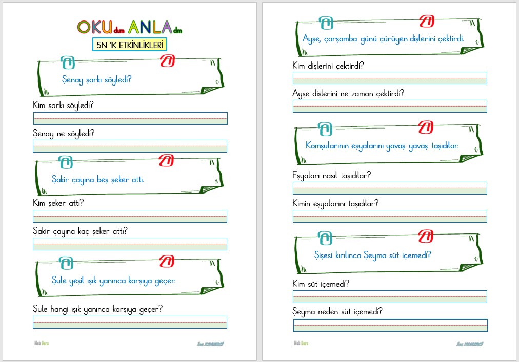 1. Sınıf İlk Okuma Yazma Ş Sesi OKUMA ANLAMA (5N 1K)
