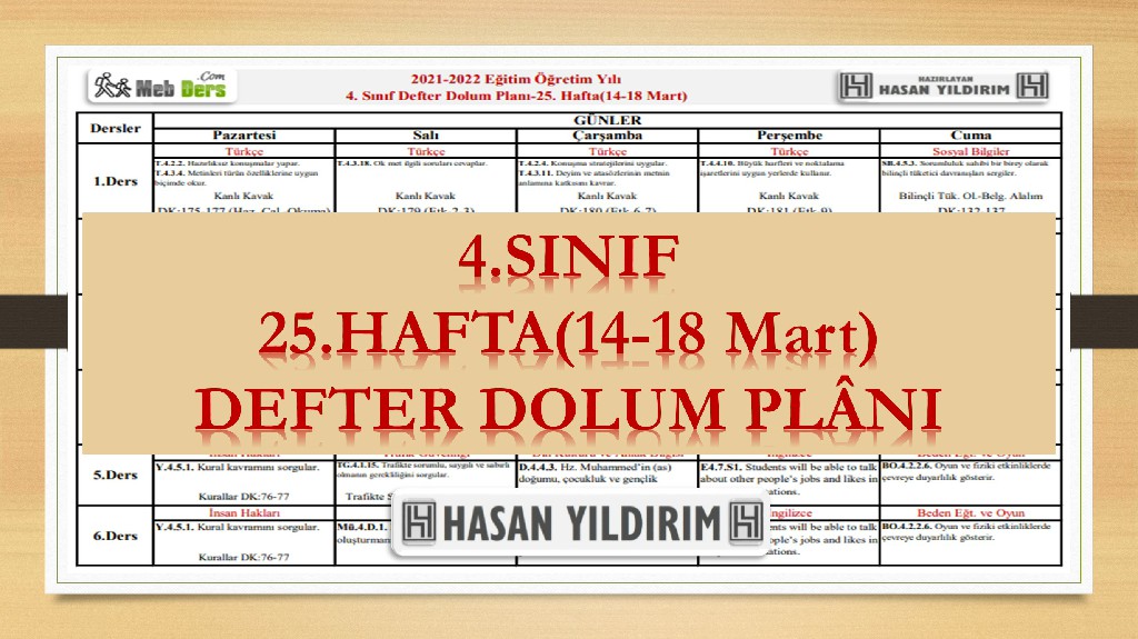 4.Sınıf 25.Hafta(14-18 Mart) Defter Dolum Planı