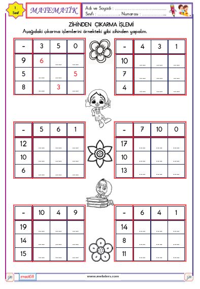 1. Sınıf Matematik Zihinden Çıkarma İşlemi Etkinliği 2