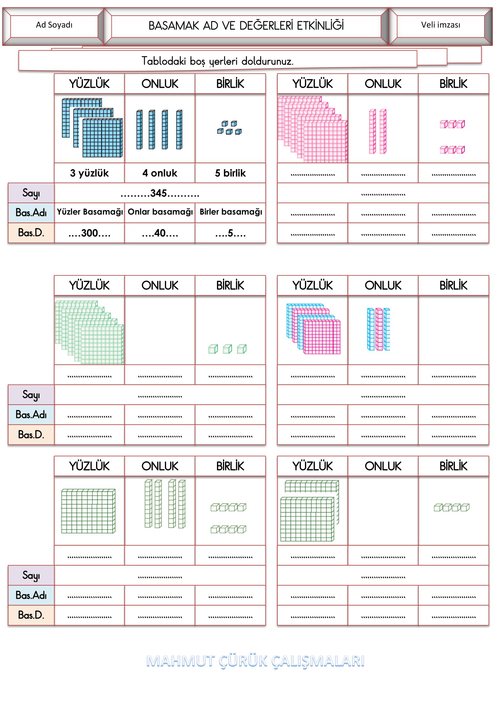 3.Sınıf - Matematik Basamak Ad ve Değerleri Etkinliği-1