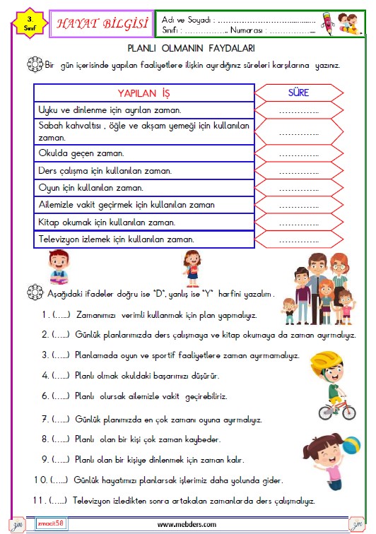 3. Sınıf Hayat Bilgisi Planlı Olmanın Faydaları Etkinliği