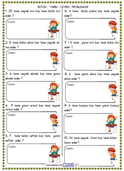 2. Sınıf Matematik Bütün, Yarım, Çeyrek ile İlgili Problemler  Etkinliği 3