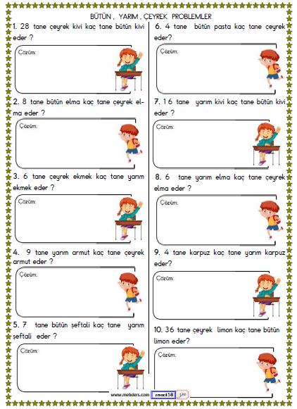 2. Sınıf Matematik Bütün, Yarım, Çeyrek ile İlgili Problemler  Etkinliği 3