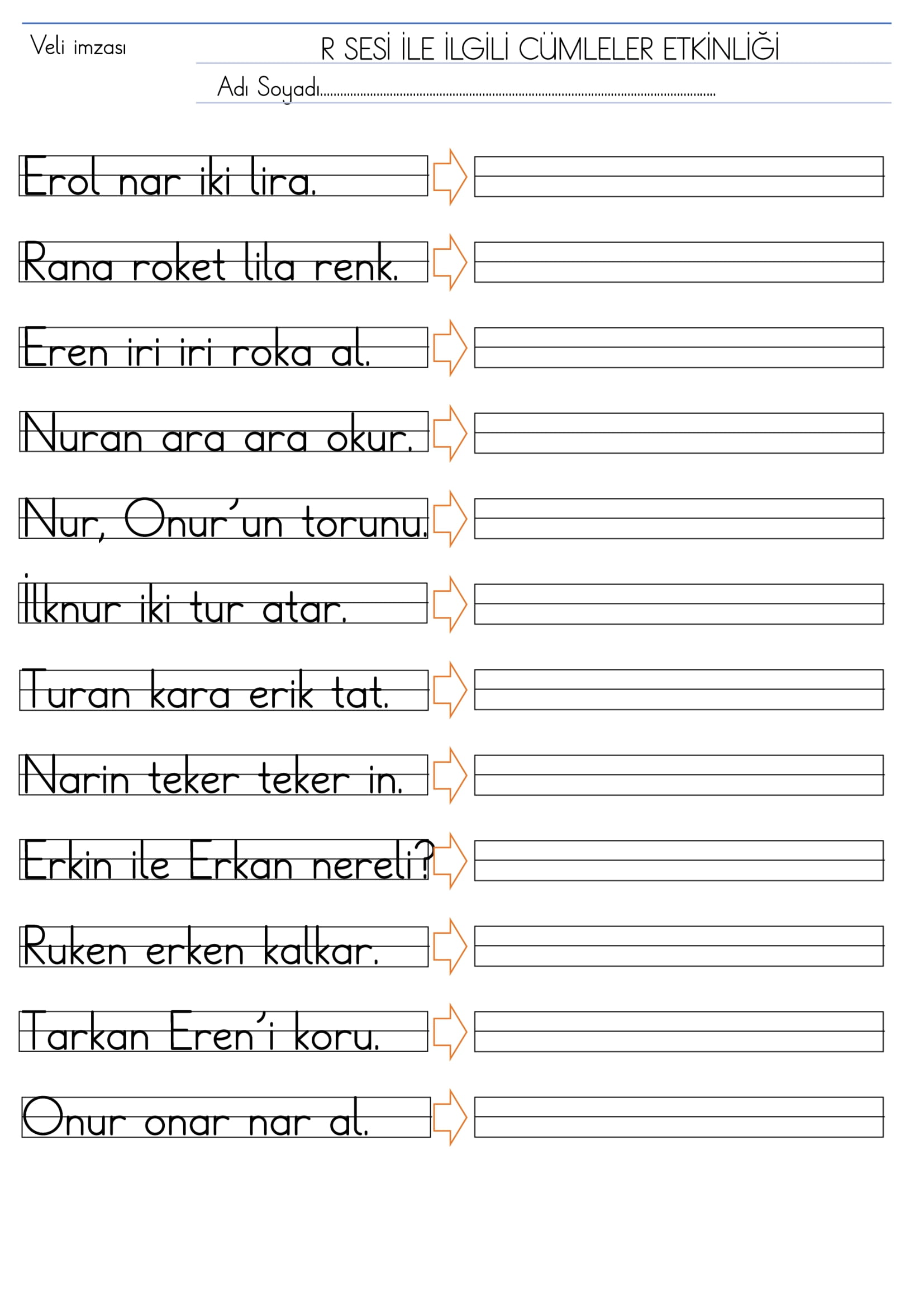 1.Sınıf İlk Okuma Yazma R Sesi Cümleler Etkinliği