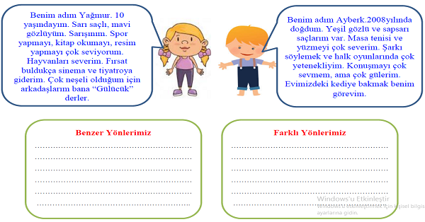 4.Sınıf Sosyal Bilgiler Farkındayım, Farklılıklara Saygılıyım Etkinliği