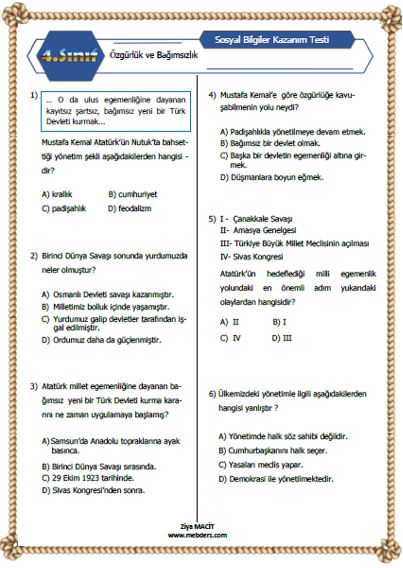 4. Sınıf Sosyal Bilgiler Özgürlük ve Bağımsızlık Kazanım Testi