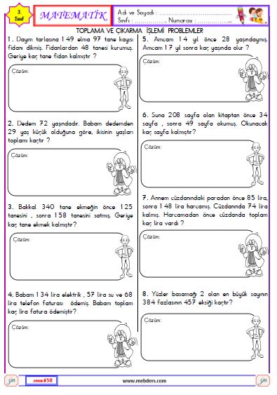 3. Sınıf Matematik Toplama ve Çıkarma İşlemi ile İlgili Problemler Etkinliği 1