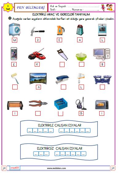 3. Sınıf Fen Bilimleri  Elektrikli Araç ve Gereçleri Tanıyalım Etkinliği