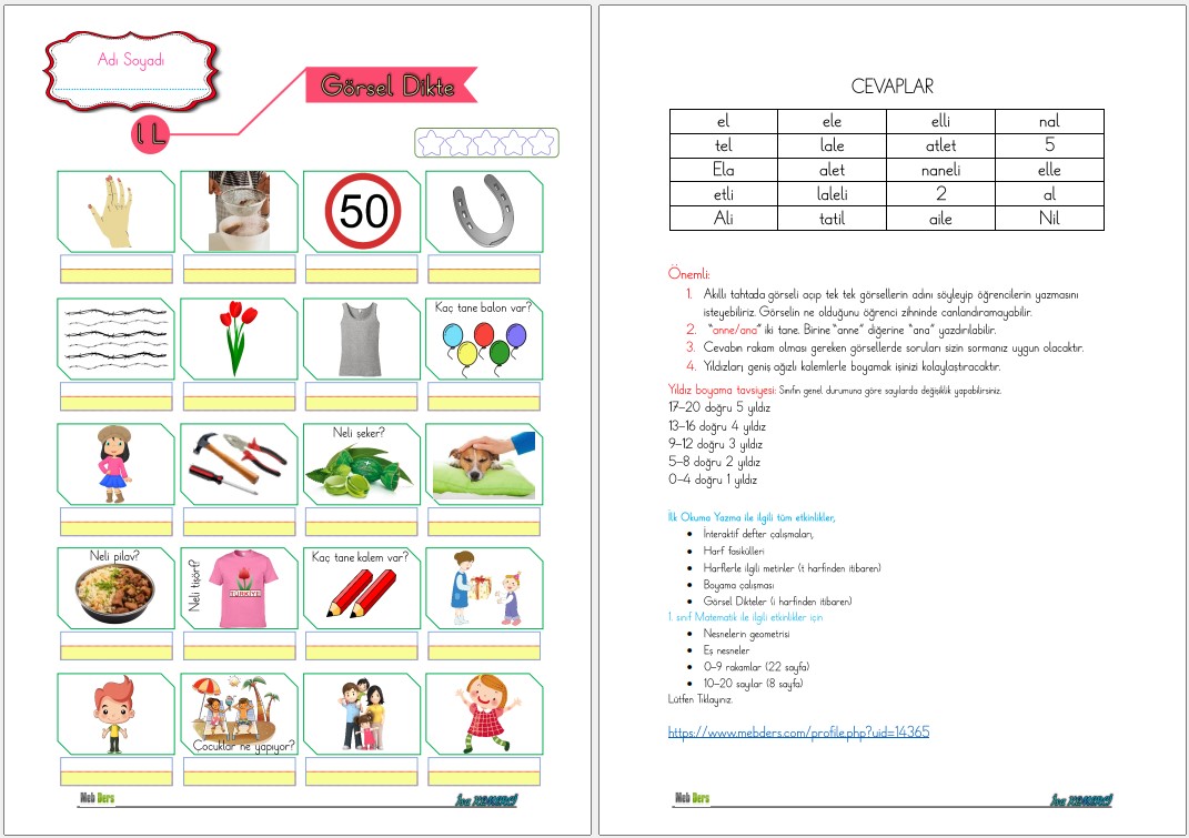 1. Sınıf İlk Okuma Yazma L sesi GÖRSEL DİKTE