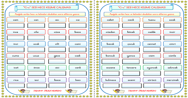 1. Sınıf İlk Okuma Yazma C Sesi Hece Kelime Okuma Yazma Çalışması