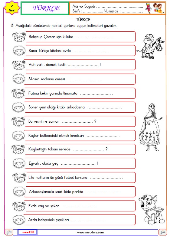 2. Sınıf Türkçe İş , Oluş , Hareket Bildiren Kelime Etkinliği