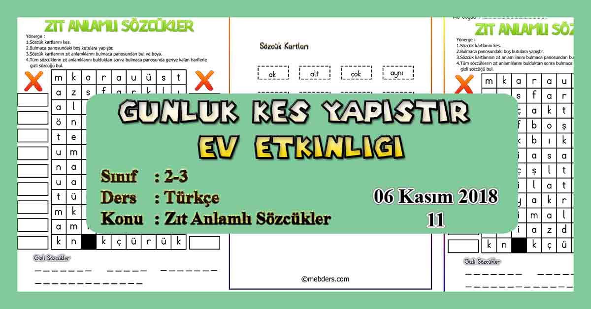 Günlük Kes Yapıştır Ev Etkinliği - Zıt Anlamlı Sözcükler