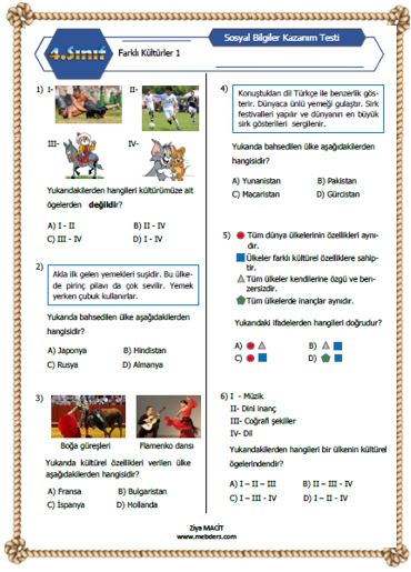 4. Sınıf Sosyal Bilgiler Farklı Kültürler  Kazanım Testi 1