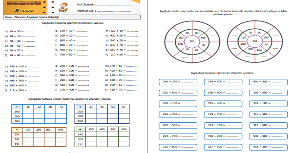 3.Sınıf Matematik Zihinden Toplama İşlemi Etkinliği 1