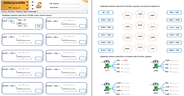 4.Sınıf Matematik Zihinden Toplama İşlemi Etkinliği 2