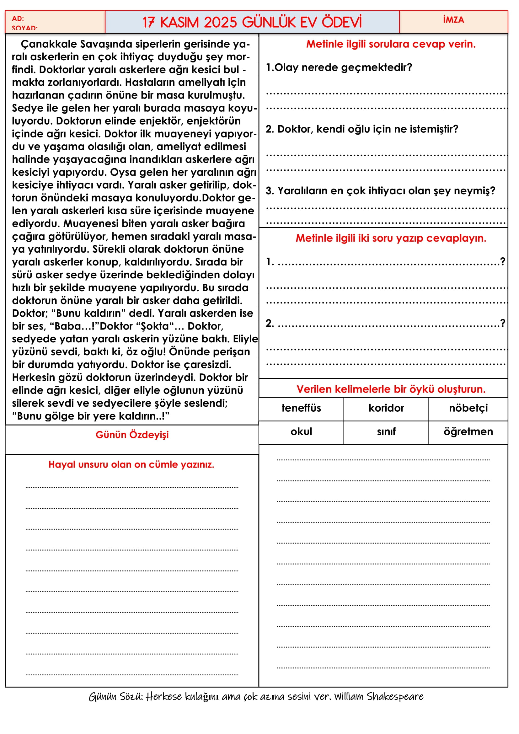 4.Sınıf - 17 Kasım 2025 Günlük Ev Ödevleri