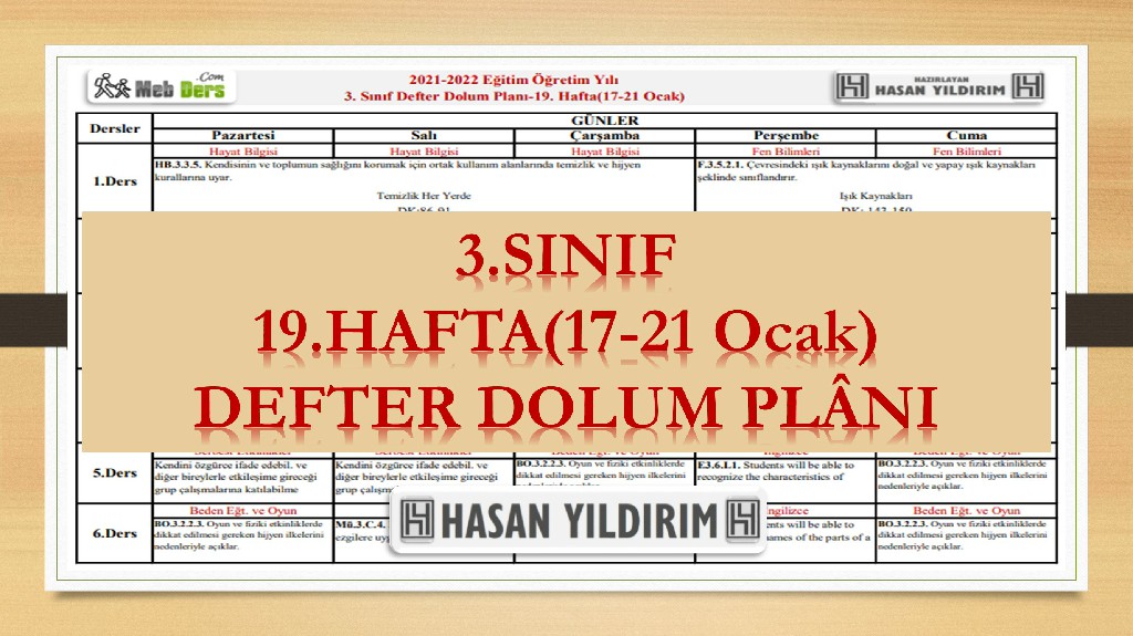 3.Sınıf 19.Hafta(17-21 Ocak) Defter Dolum Planı