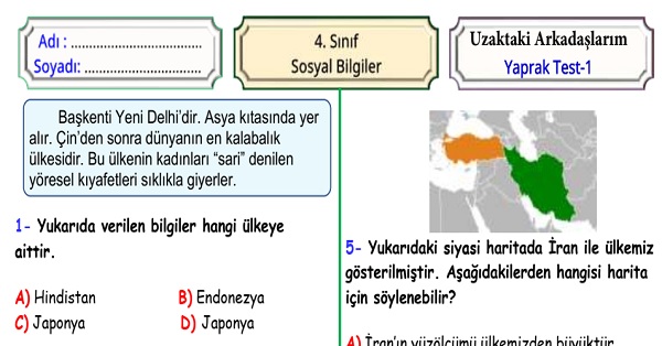 4.Sınıf Sosyal Bilgiler Uzaktaki Arkadaşlarım Yaprak Test 1