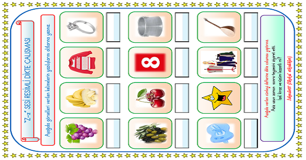 1. Sınıf İlk Okuma Yazma Z Sesi Resimli Dikte Çalışması