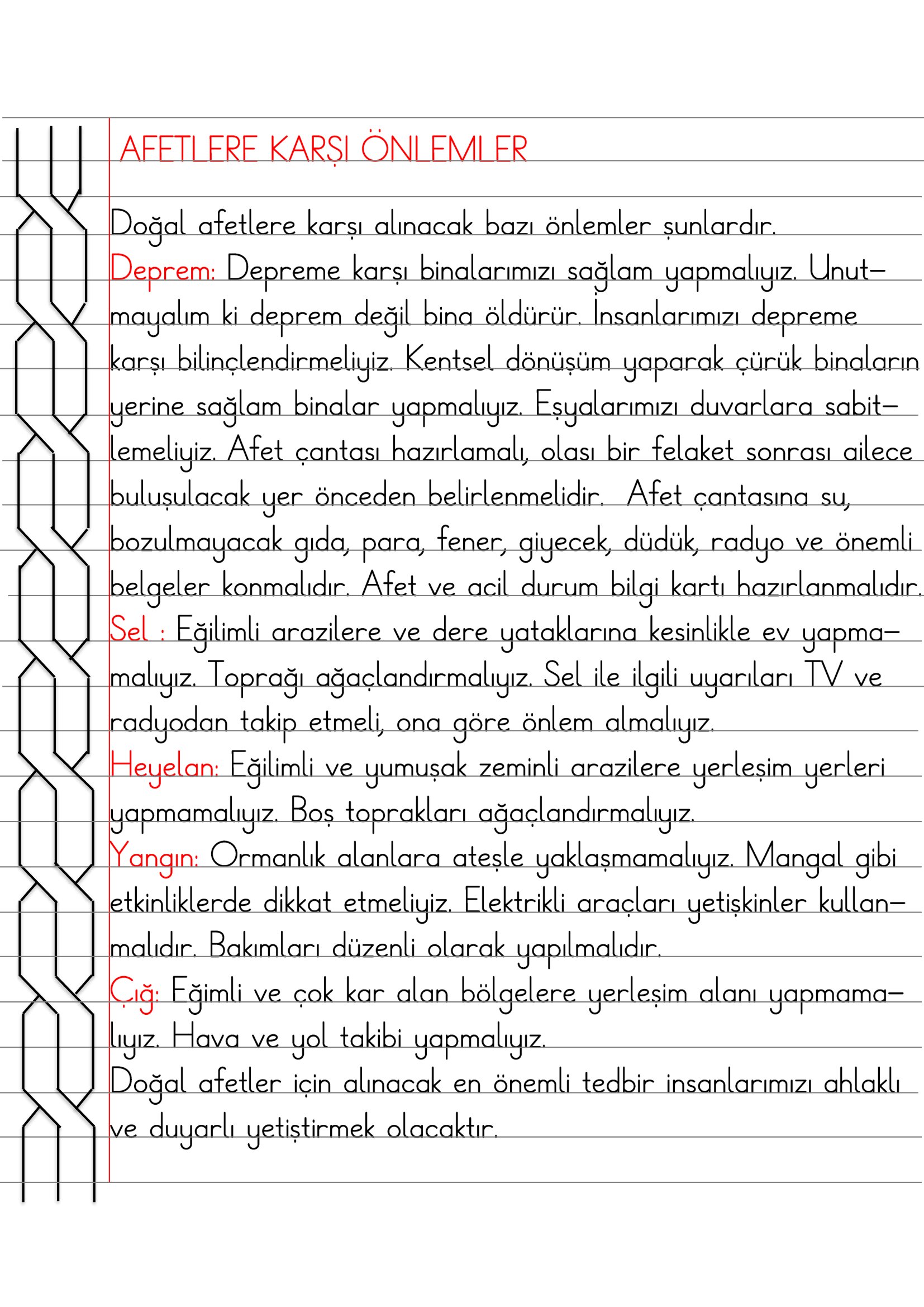 2.Sınıf - Hayat Bilgisi Afetlere Karşı Önlemler Defter Özeti