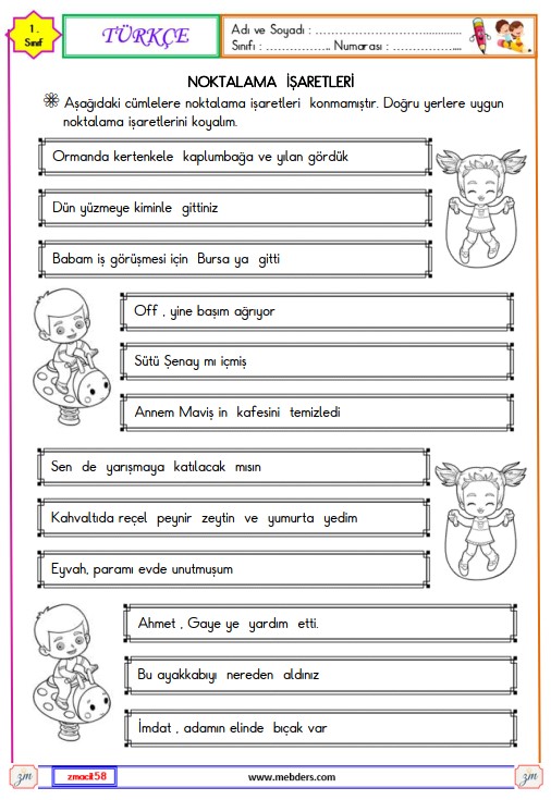 1. Sınıf Türkçe Noktalama İşaretleri Etkinliği 2