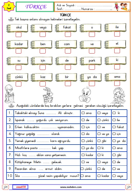 2. Sınıf Türkçe Tek Başına Anlamı Olmayan Kelimeler Etkinliği