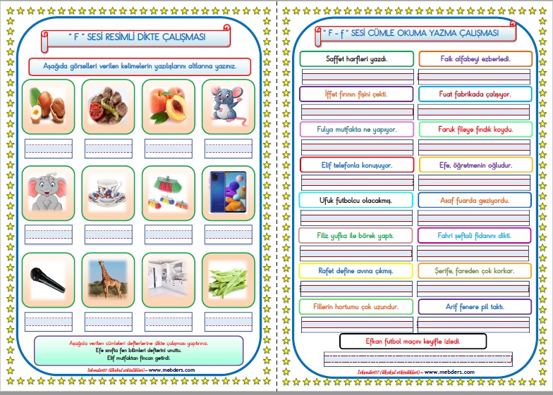1.Sınıf F-f Sesi Çalışmaları   (12  Sayfa)