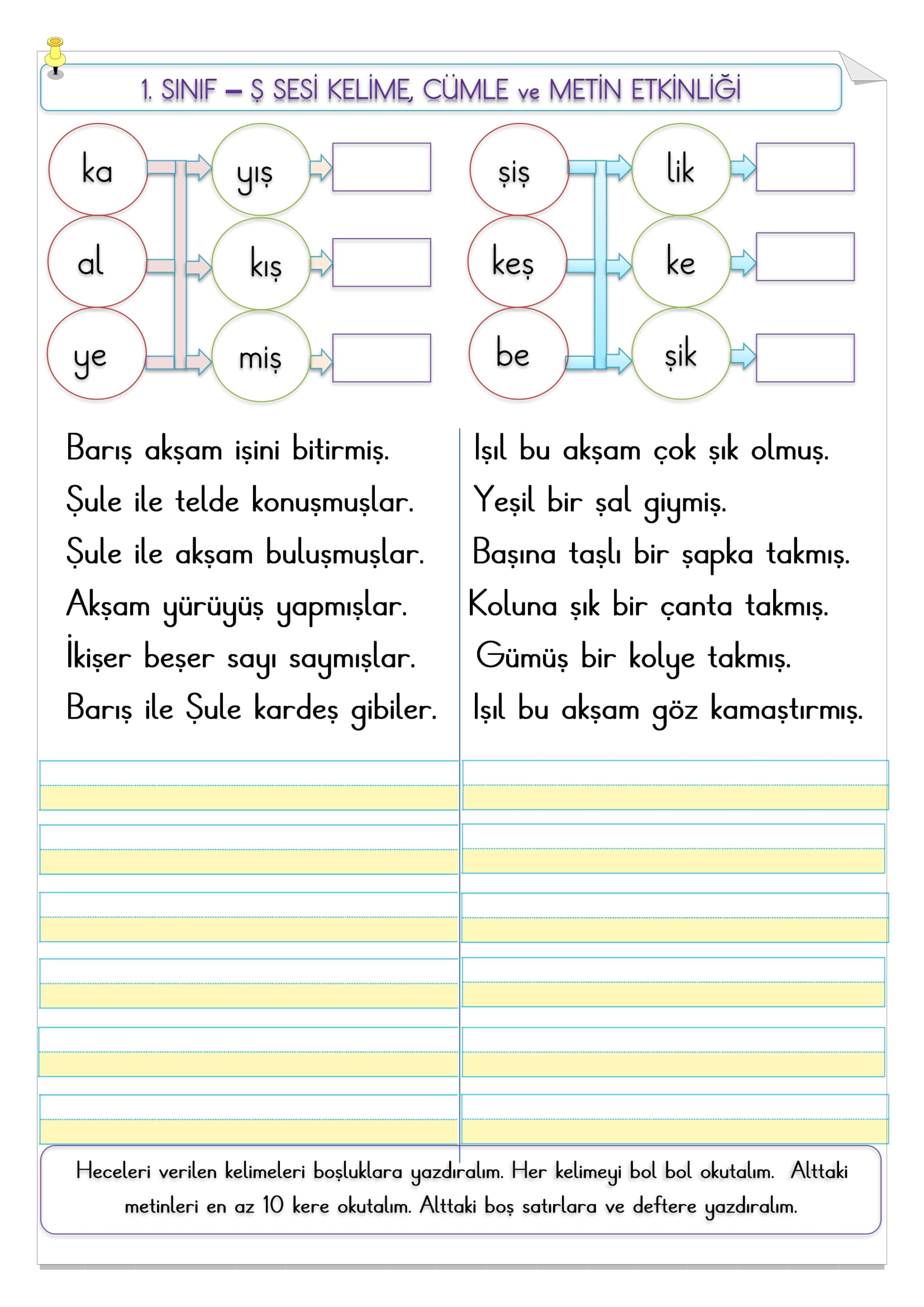 1.Sınıf İlk Okuma Yazma Ş Sesi Kelime, Cümle Ve Metin Etkinliği