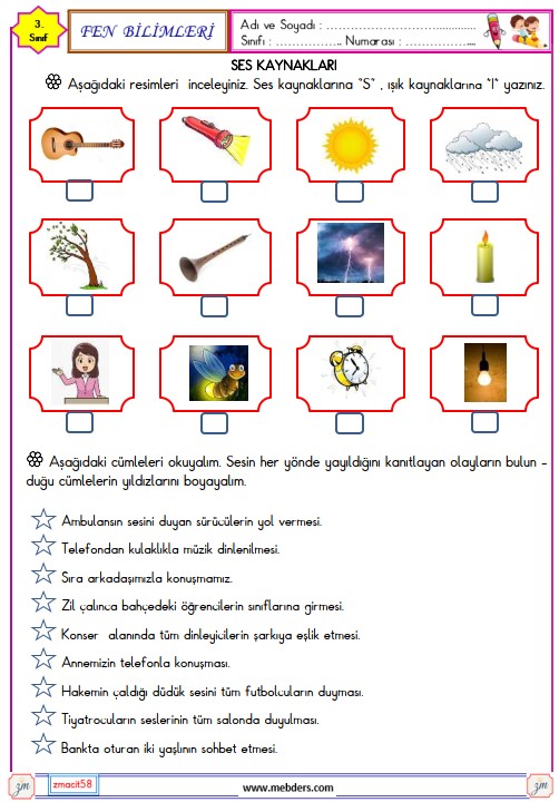 3. Sınıf Fen Bilimleri Ses Kaynakları Etkinliği 1