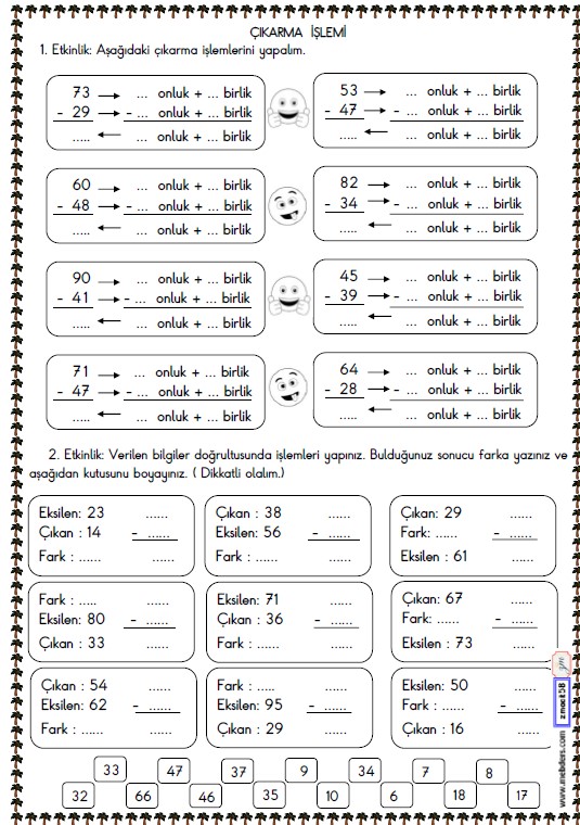 2. Sınıf Matematik Onluk Bozarak Çıkarma İşlemi Etkinliği 2