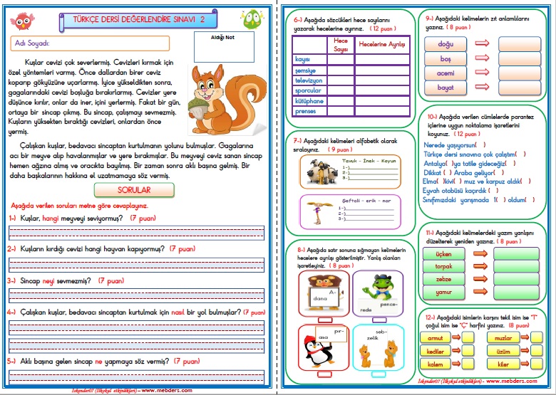 1.Sınıf Türkçe Dersi Değerlendirme Sınavı  2